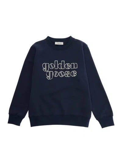 Golden Goose Kids Mini Blue Crewneck Sweatshirt With Front Logo Lettering For Baby Boy