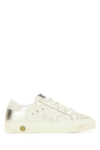 Golden Goose Deluxe Brand Kids Mini Suede Star Sneaker With Laminated Upper And Star Heel In Neutral