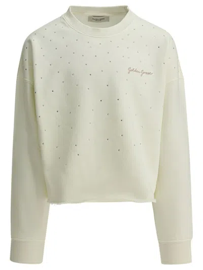 Golden Goose Kids Mini Raw-cut Hem Sweatshirt With Embroidered Logo In Bianco