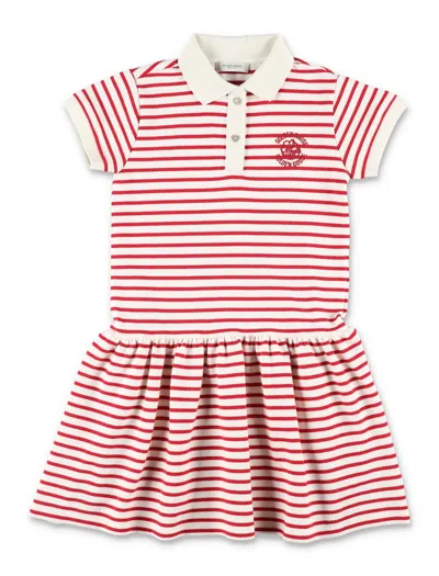 Golden Goose Kids Mini Striped Polo Dress With Gathered Skirt In Red