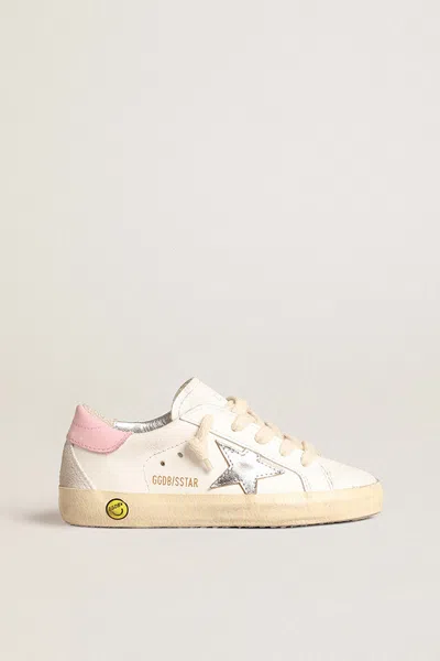 Golden Goose Kids? Mini Suede Star Sneakers With Pink Leather Heel Tab In White