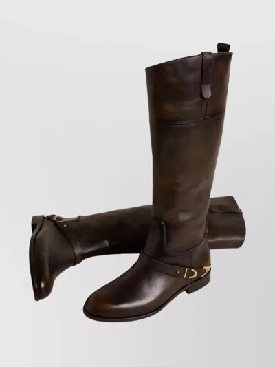 Golden Goose Knee-high Distressed Leather Boots Buckle Detail In Brown