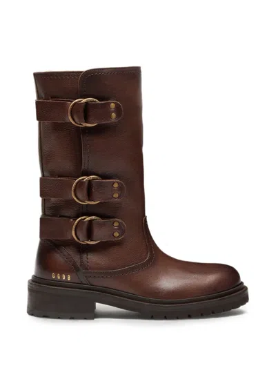 Golden Goose Kurt Boots In Brown Leather With Gold Buckles In Multi