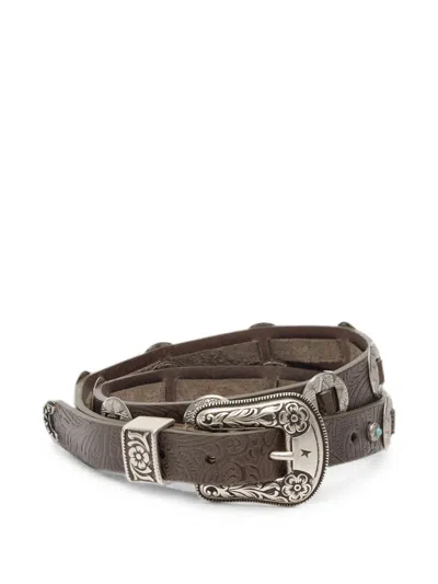 Golden Goose Lace Belt In Washed Brown-leather With Raised Floral-pattern And Metal Inlays