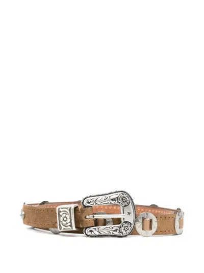 Golden Goose Lace Nabuk Thin Belt With Decorative Inlays In Brown