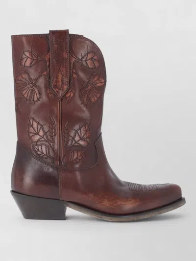 Golden Goose Leather Ankle Boots Stacked Heel Embroidery Pull Tabs