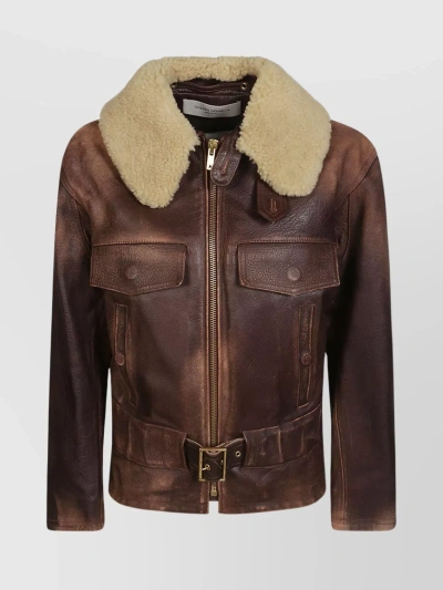 Golden Goose Leather Belted Shearling Collar Jacket In Brown