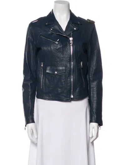 Pre-owned Golden Goose Leather Biker Jacket In Blue