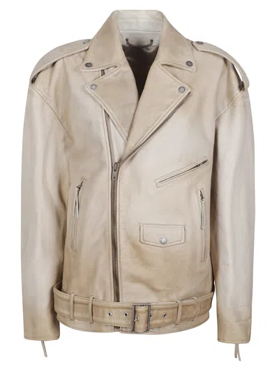 Golden Goose Leather Biker Jacket With Buckled Belt And Shoulder Pads In Brown