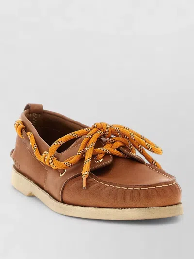 Golden Goose Leather Boat Loafer Contrast Laces Rubber Sole In Brown