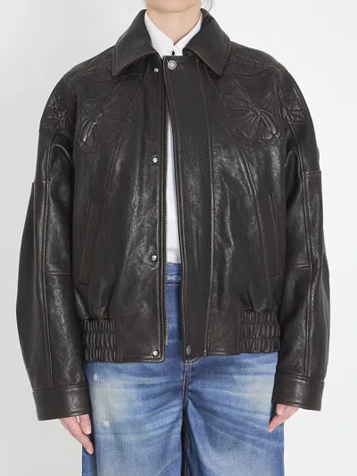 Golden Goose Leather Bomber Jacket With Floral Embroidery In Black