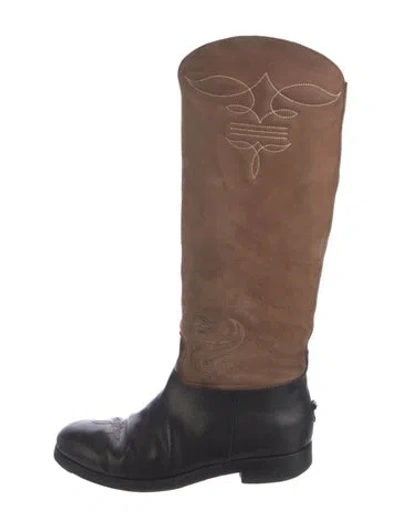 Pre-owned Golden Goose Leather Colorblock Pattern Riding Boots In Brown
