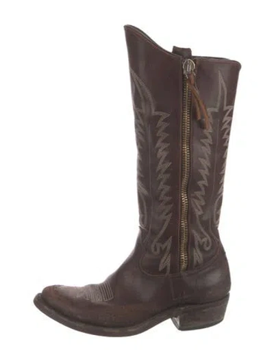 Pre-owned Golden Goose Leather Embroidered Accent Western Boots In Brown