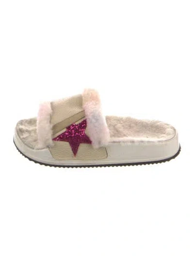 Pre-owned Golden Goose Leather Glitter Accents Slides In Neutral