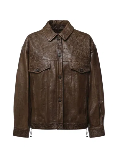 Golden Goose Leather Jacket In Brown
