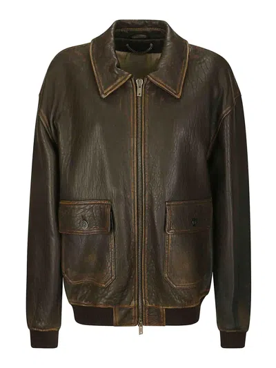 Golden Goose Leather Jacket In Dark Brown
