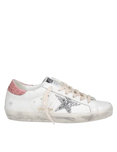 Golden Goose Super Star Leather Upper Glitter Star Cocco Printed Heel Shoes In White