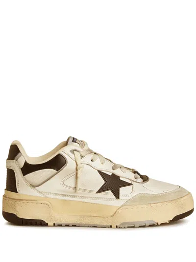 Golden Goose Forty2 Distressed Finish Leather And Fabric Sneakers With Brown Star Shoes In Neutral