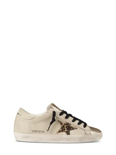 Golden Goose Leather Sneakers With Glitter Toe And Leopard Star In Neutral
