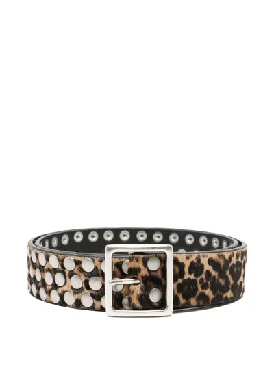 Golden Goose Leopard Pattern Leather Belt Silver Studs In Animal Print