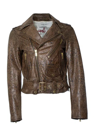 Golden Goose , Leopard Print Leather Biker Jacket In Brown