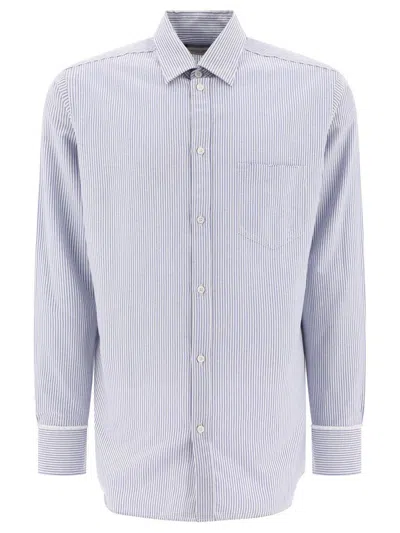 Golden Goose Light Blue Shirt With Classic Collar And All-over Striped Motif In Cotton Man In White