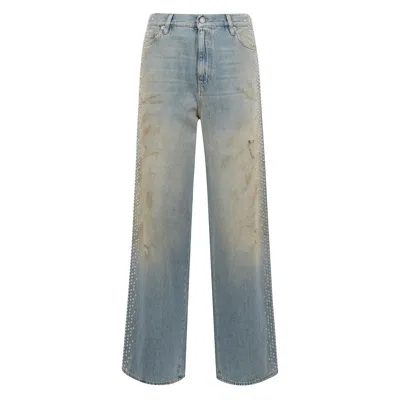 Golden Goose Light Wash Wide-leg Jeans With Rhinestones In Blue