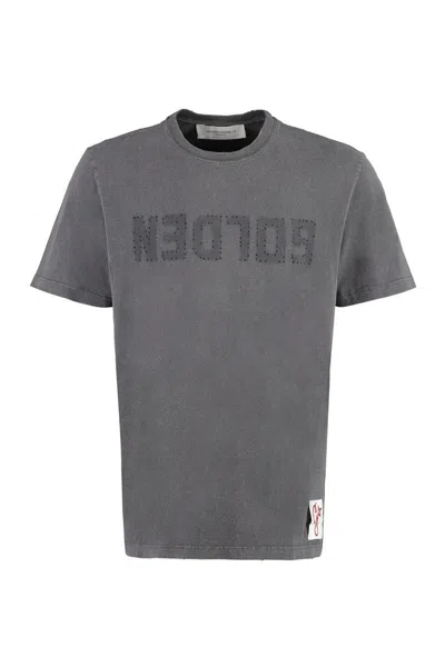 Golden Goose Green Crewneck T-shirt With Logo On The Front And Logo Patch On The Front In Dustyolive