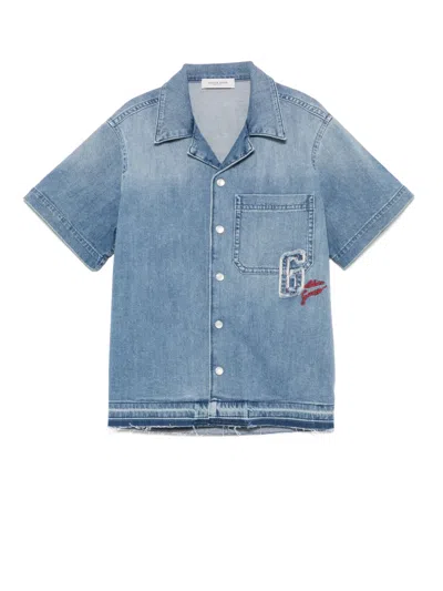 Golden Goose Kids Logo Embroidered Denim Shirt In Blue