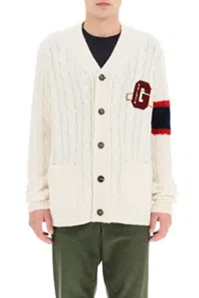 Golden Goose Logo Patch Cable Knitted Cardigan In White