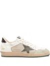 Golden Goose Ball Star Sneakers In Vintage Effect Leather With Olive Green Leather Star And Crocodile Effect Heel In White