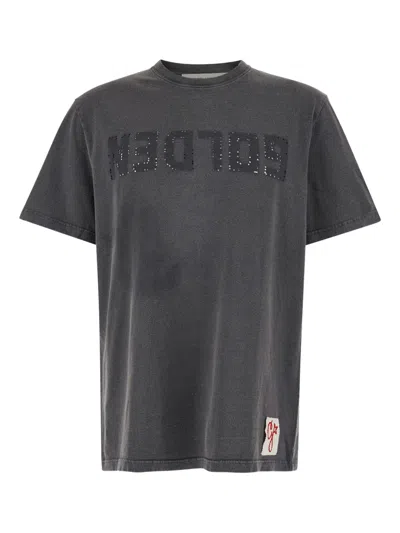 Golden Goose Grey Crewneck T-shirt With Logo On The Front And Logo Patch On The Front In Cotton Man In Gray