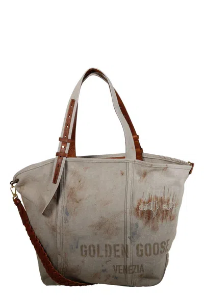 Golden Goose Logo Printed Distressed Tote Bag In Tortora