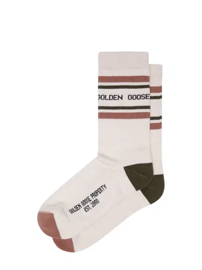 Golden Goose Logo Socks In Cotton With Striped Details In Neutral