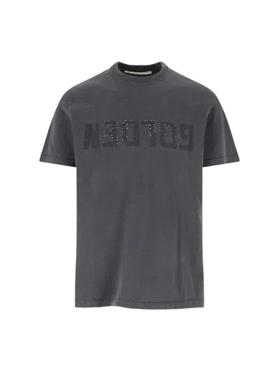 Golden Goose Green Crewneck T-shirt With Logo On The Front And Logo Patch On The Front In Dustyolive