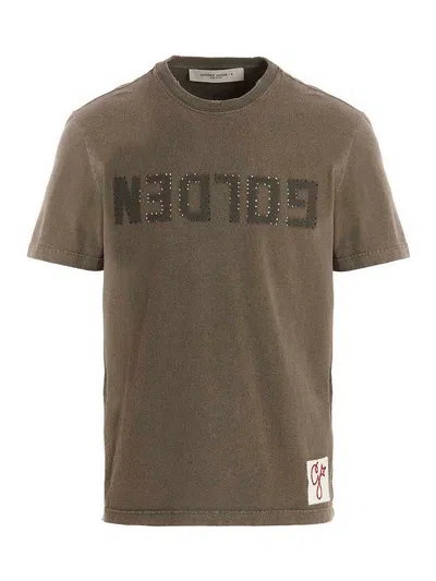 Golden Goose Green Crewneck T-shirt With Logo On The Front And Logo Patch On The Front In Dustyolive