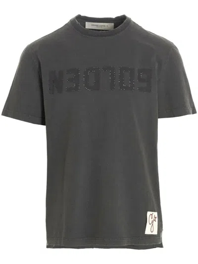 Golden Goose Green Crewneck T-shirt With Logo On The Front And Logo Patch On The Front In Dustyolive
