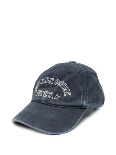 Golden Goose Washable Cotton Twill Hat With Worn-look Finish And Embroidered Logo In Blue