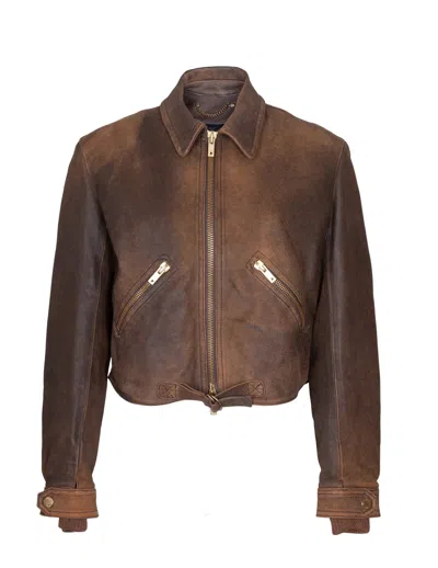 Golden Goose Long-sleeved Leather Jacket In Brown