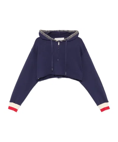 GOLDEN GOOSE DARK BLUE CROPPED SWEATSHIRT WITH ZIP FASTENING AND EMBROIDERED HOOD