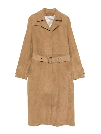 Golden Goose Long Trench Coat In Beige Suede With Belt In Brown