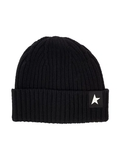 Golden Goose Mans Ribbed Black Wool Hat With Logo