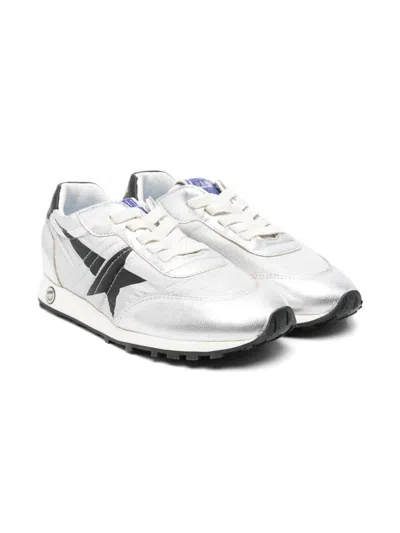 GOLDEN GOOSE MARATHON SNEAKERS IN SILVER NYLON WITH BLACK STAR AND LEATHER HEEL TAB