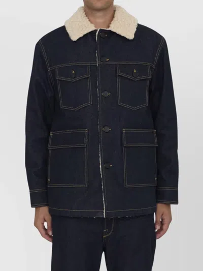 Golden Goose Marsha Denim Twill Jacket With Shearling Collar In Blue