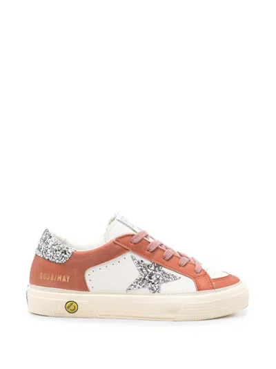 Golden Goose Kids' May Glitter-patch Leather Sneakers In Brown