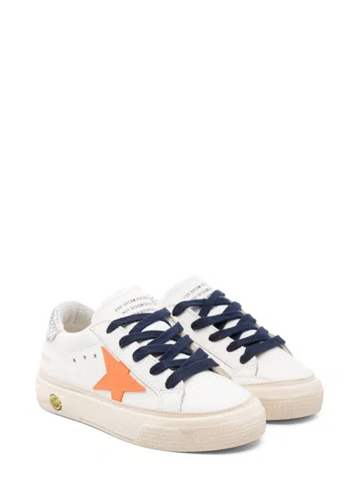 Golden Goose Kids' May Leather Upper Suede Star Laminated Glitter Heel In White