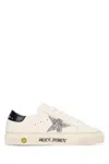 Golden Goose May White Low Top Sneakers With Glittered Star Patch And Contrasting Heel With Logo Lettering In Lea In White