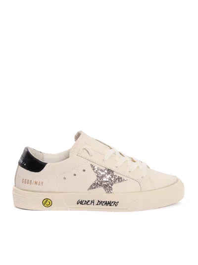 Golden Goose Kids' May Leather Upper Toe And Heel Glitter Star Signature Foxing Sneakers In Neutral