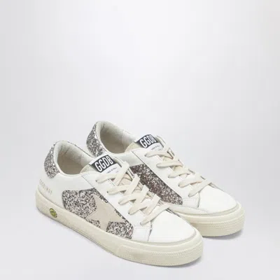 Golden Goose Mini Suede Star Smiley Sneakers With Glitter Details In White