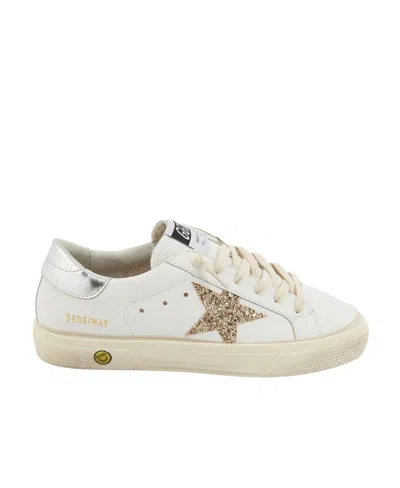 Golden Goose May Teen In White Leather With Gold Glitter Star And Silver Heel Tab